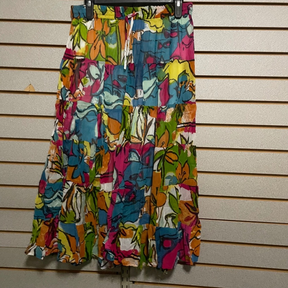 SILVER STEAM Tiered Maxi Skirt Bohemian Floral‎ Print Drawstring Waist Womens M
